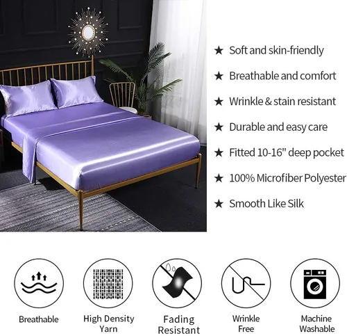 Miniatura 3 de Omelas Juego de sábanas de satén sedoso negro de 3 piezas, tamaño individual, sábanas de microfibra suave y sedosa, colección de ropa de cama