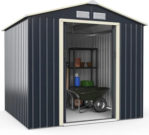 Miniatura 10 de Goplus Cobertizo de almacenamiento, organizador de metal de 7 x 4 pies, para exteriores, con 4 rejillas de ventilación y doble puerta corrediza