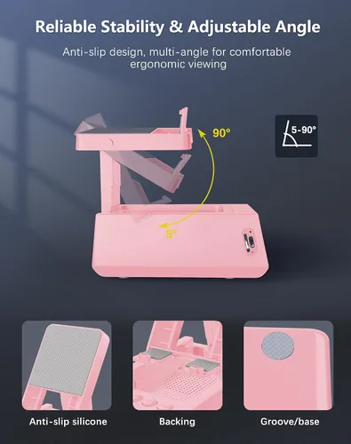 Miniatura 3 de Regalos de cumpleaños para mujeres, soporte de teléfono con altavoz Bluetooth con sonido y reloj HD, soporte inalámbrico ajustable para teléfono Rosa