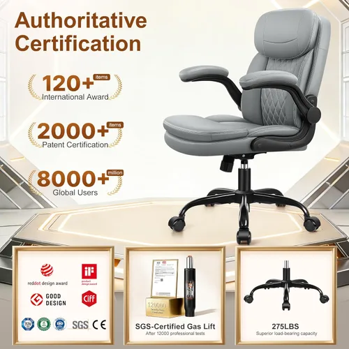 Miniatura 8 de Silla de oficina de piel, sillas de escritorio de computadora de poliuretano mejoradas con cojín de asiento de doble capa y reposaespaldas, Gris
