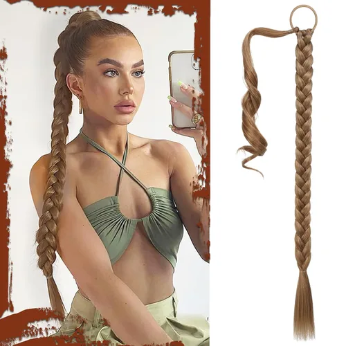 Miniatura 47 de Sofeiyan Extensión de cola de caballo de trenza larga con banda para el cabello, lacio, elegante, envolvente, extensiones de cabello trenzado, cola