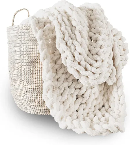 Adyrescia Manta de punto grueso, 100 % tejida a mano con hilo de felpilla jumbo (30 x 40 pulgadas, color blanco crema)