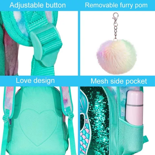 Miniatura 5 de 3 mochilas para niñas, 16 pulgadas con lentejuelas para preescolar y lonchera