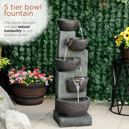Miniatura 5 de Alpine Corporation TZL390 Elegante fuente de cascada de cuencos de 5 niveles para exteriores con luces LED para jardín, patio, jardín trasero