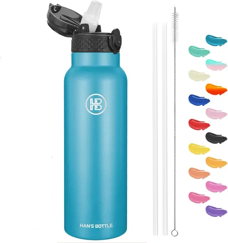 Miniatura 8 de Han's Bottle - Botella de agua para niños con tapa con pajilla - Vaso reutilizable de acero inoxidable aislado para niñas, niños, taza térmica, 17
