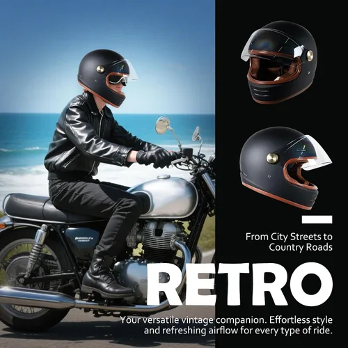 Miniatura 7 de Casco retro para motocicleta Loyoriwy para adultos: Casco integral vintage con sistema de ventilación, diseño impermeable para motociclismo Negro