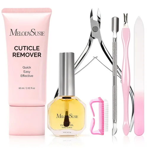 MelodySusie Kit Removedor de Cutículas, Crema Removedora de Cutículas de 60g 15ML Aceite para Cutículas, Corta Cutículas y Empujador, Lima de Uñas y