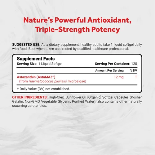 Miniatura 2 de Naturalis Astaxantina de Nueva Zelanda (12 mg) Mejorada con vitamina E natural Sin OMG, sin soja ni gluten 120 cápsulas blandas