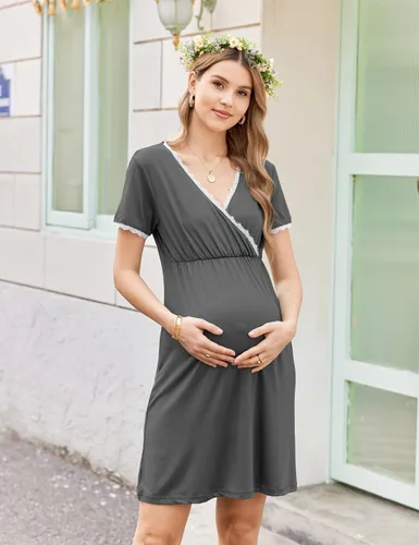 Miniatura 4 de Ekouaer - Camisón de dormir de manga corta 3 en 1 para mujer, plisado, para lactancia, parto y maternidad, tallas S-XXL
