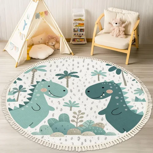 Round Rugs - Alfombra de dinosaurio para bebé y niño, diseño escandinavo, bonita alfombra de lino y algodón, alfombra de meditación, lavable,