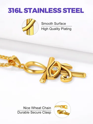Miniatura 3 de Richsteel Ankh - Collar con colgante de cruz para hombre, acero inoxidable, chapado en oronegro, con cadena de trigo, joyería religiosa