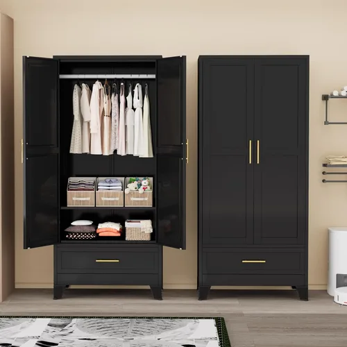 Miniatura 15 de Ckzbx Armario Ropero de Metal de 71" de Alto con Espejo, Estantes Ajustables, Barra para Secar Ropa, Gabinete Ropero de Acero para Dormitorio (Negro)