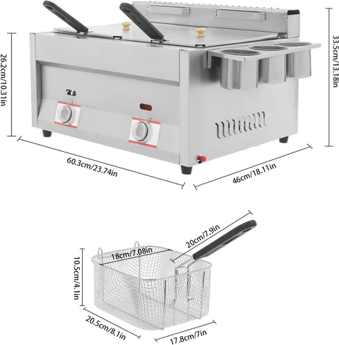 Miniatura 7 de Freidora comercial para encimera, 2 x 6.3 cuartos de galón, gran capacidad, doble tanque de gas, freidora de gas comercial de acero inoxidable con 2
