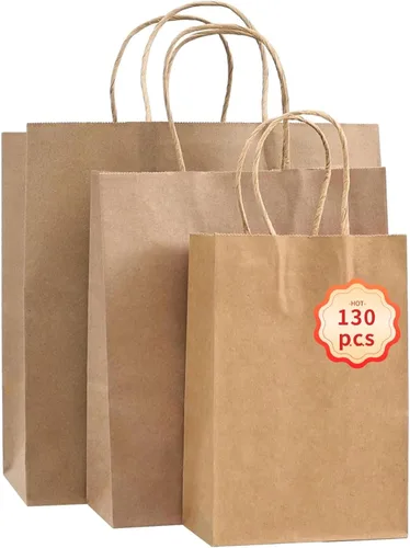 PAICUIKE 130 bolsas de papel marrón con asas, bolsas de regalo marrones a granel, varios tamaños para fiestas, venta al por menor y uso comercial,