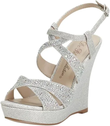 David's Bridal Sandalia de cuña de tacón alto con adorno de cristal estilo BALLE8, Plateado Metálico