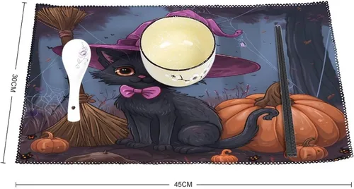 Miniatura 2 de Halloween Cat Pumpkin Lantern Placemats Set of 6 Resistant Table Mats Washable Place Mats for Dinner Party Table Decoration