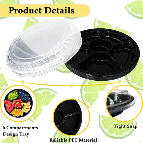 Miniatura 3 de Paquete de 12 bandejas de plástico para aperitivos con tapa, bandeja desechable transparente dividida para servir, 6 recipientes de almacenamiento