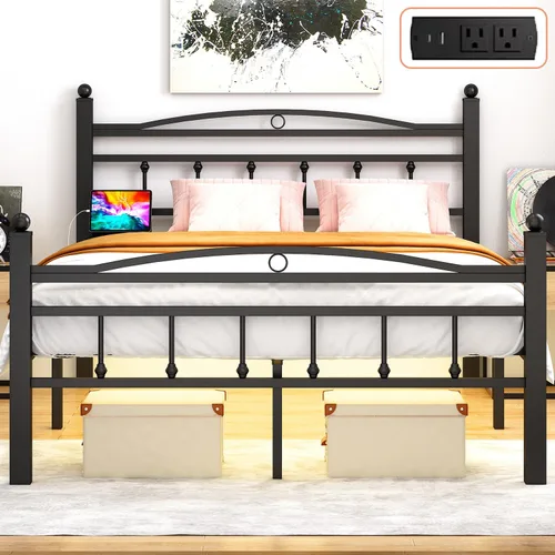 Jenmit Marco de cama tamaño completo con cabecero, marco de cama de plataforma de metal con estación de carga y luces LED, espacio de almacenamiento