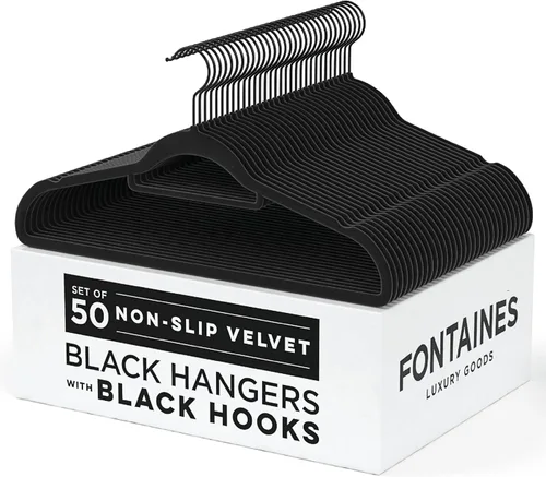 Fontaines - Perchas antideslizantes de fieltro de terciopelo negro de lujo, paquete de 50 unidades, ultra delgadas y ahorran espacio, gancho