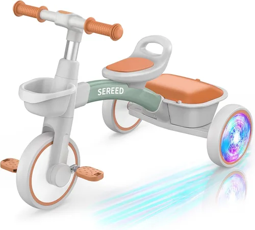 SEREED Triciclo de Iluminación Colorida para Niños Pequeños de 2-5 Años, Niños y Niñas, Triciclo con Asiento y Manillar Ajustables, Cesta Extraíble,