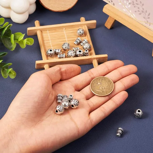 Miniatura 6 de Juego de 10 cuentas de plata tibetana de gurú de 3 agujeros, cuentas perforadas en T, cuentas de gurú budista, cuentas sueltas de metal, cuentas