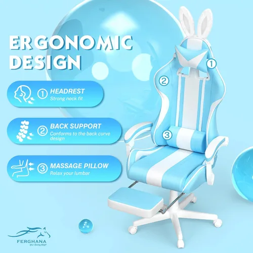 Miniatura 5 de Ferghana - Silla de juego Kawaii en azul claro con orejas de conejo, silla Gamer ergonómica y linda con reposapiés y masaje, silla de juego