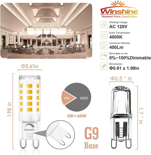 Miniatura 3 de Winshine - Bombilla LED G9 regulable de 4 W (equivalente a bombilla halógena de 40 W) de 4000 K, luz natural diurna, bombillas T4 G9 de candelabro