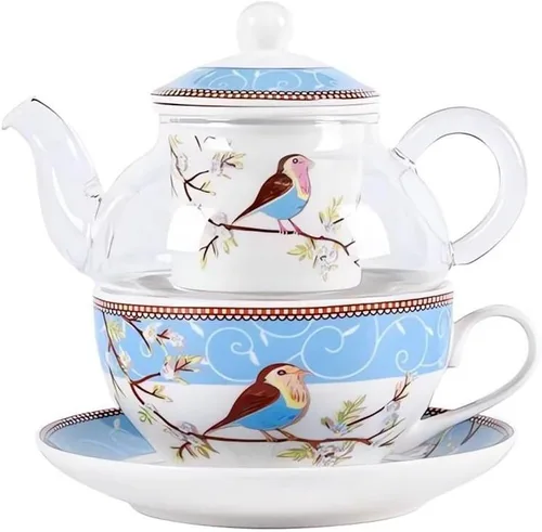 Juego de té para uno, tetera de vidrio con infusor de porcelana y colador y taza y platillo, patrón de pájaro feliz (azul)