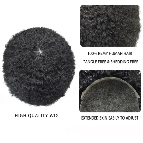 Miniatura 5 de Afro Curl Toupee para hombres unidades de cabello humano real para hombres negros inyectados PU tupé afroamericano para hombre postizo de pelo