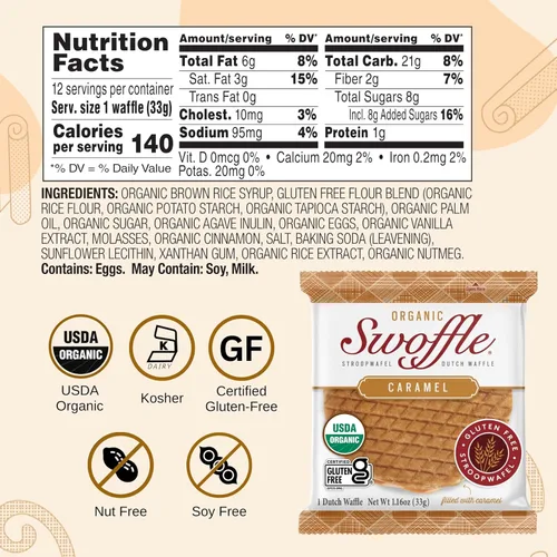 Miniatura 2 de Stroopwafels Orgánicos Certificados Sin Gluten de Swoffle - Relleno de Caramelo (16) Obleas de 1.16oz Sin OGM, Sin Trigo, Kosher, Sin Soja y Sin