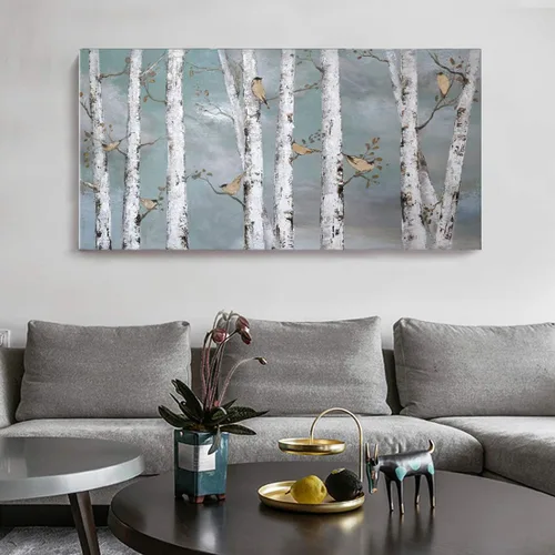 Miniatura 11 de AMATOP Arte de pared turquesa 100% pintado a mano, pintura al óleo de paisaje forestal en lienzo, obra de arte enmarcada original, pájaro dorado