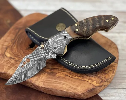 Miniatura 15 de Cuchillo de bolsillo de acero de Damasco para hombres con funda de cuero, cuchillos de caza plegables hechos a mano de 7 pulgadas, con asa, cuchillo