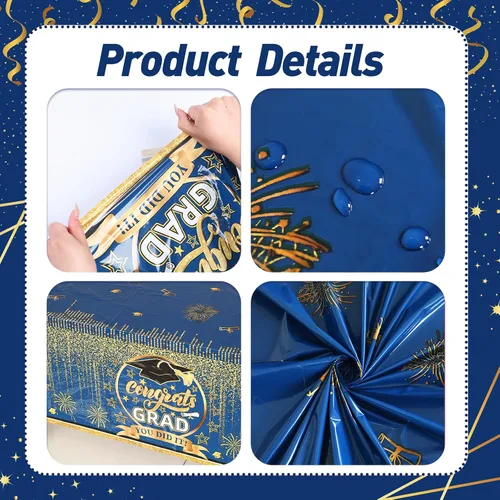 Miniatura 3 de Staraise Mantel de graduación de 3 piezas para decoraciones de graduación 2026, mantel de plástico azul y dorado, mantel de graduación desechable