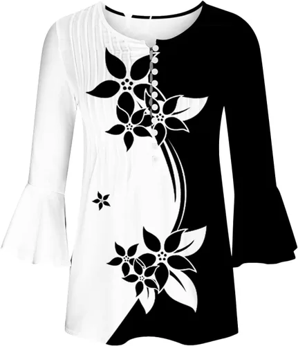 Miniatura 28 de Ceboyel Blusa tipo túnica con estampado floral para mujer, con botones, estilo Henley, con manga de codo, casual, trajes de moda para mujer