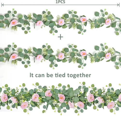 Miniatura 55 de TOCHGREEN Paquete de 2 Guirnaldas de Flores de Eucalipto Artificial de 12 Pies con Rosas Champán, Guirnalda de Flores de Rosa Falsa Verdor