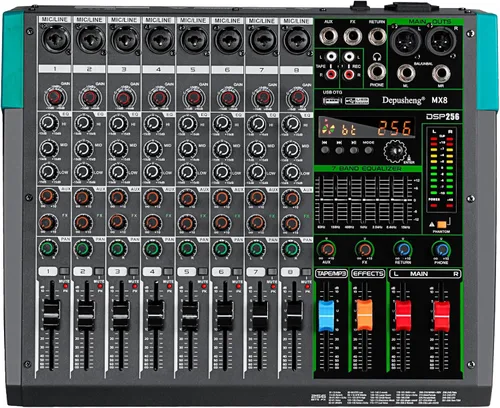 Depusheng MX8 Mezclador de sonido de 8 canales Consola de mezcla de audio 48V 256DSP Profesional USB PC Play Record Podcast Live Broadcast (US MX8)