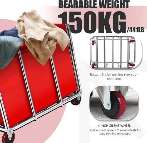 Miniatura 3 de Carrito de lavandería comercial con ruedas, cesta de lavandería rodante grande de 11.35 bushels con forro de lona impermeable extraíble, cestas
