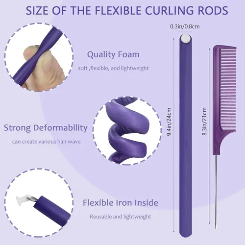 Miniatura 6 de 60 varillas flexibles para rizar, de espuma giratoria, sin calor, rodillos de pelo y peine de cola de rata de acero para cabello largo y corto