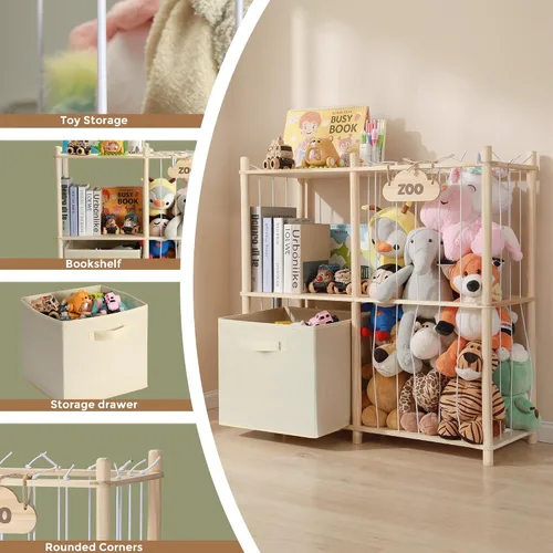 Miniatura 6 de LAMU Almacenamiento de animales de peluche, organizador de animales de madera con rellenos de zoológico con cordones elásticos, organizadores