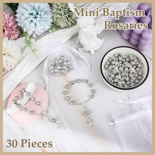 Miniatura 5 de Sasylvia 30 piezas de recuerdos de bautismo, mini placa de rosario, cuentas de rosario de bautismo con cruz y 30 bolsas de organza para primera