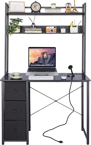 Aquzee Escritorio para computadora con cajones, escritorio de 40 pulgadas con gabinete, escritorio para computadora con almacenamiento, tomas de