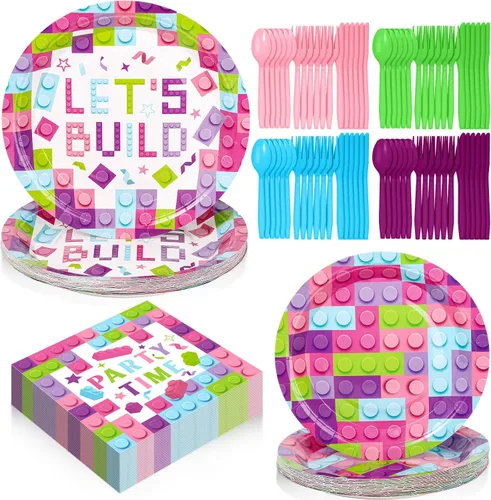 Gejoy 96 piezas de suministros para fiesta de cumpleaños de bloques de construcción, incluye platos de fiesta de ladrillo de 7 pulgadas y 9