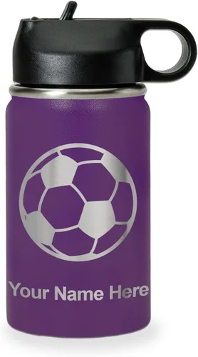 Miniatura 36 de LaserGram Botella de agua personalizada, pelota de fútbol, acero inoxidable de doble pared aislada al vacío con popote superior, regalo grabado