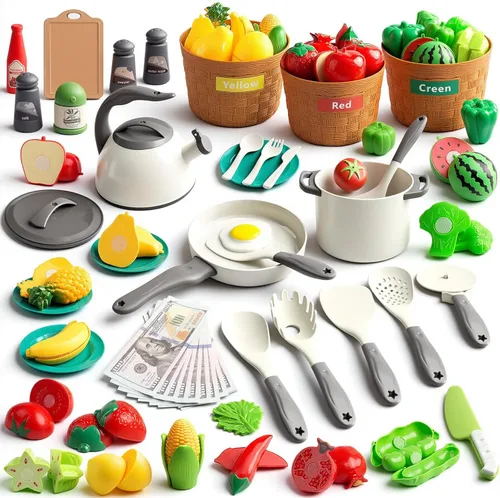 Miniatura 16 de Juego de 90 accesorios de cocina, cocina de simulación con ollas, sartenes, utensilios de cocina, alimentos, frutas, verduras, cestas de Rosa