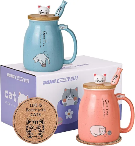 Juego de 2 Tazas de Gato Lindas Juego de Tazas de Té de Gato Taza de Café de Cerámica con Tapa Kawaii y Cuchara Tazas Lindas para Mujeres Niñas