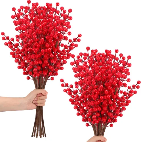 Miniatura 7 de 12 tallos de bayas de Navidad, púas de bayas artificiales de 20.5 pulgadas, púas de árbol de Navidad y aerosoles, ramas de bayas de acebo para Dorado