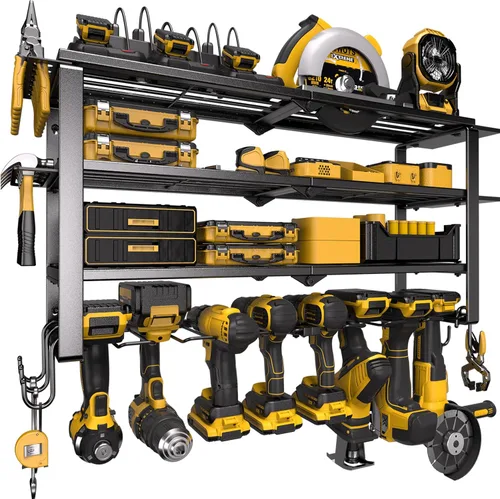 Miniatura 11 de Spampur Organizador de herramientas eléctricas, soporte de pared, estante de almacenamiento de 3 capas con 4 soportes para taladro, estante