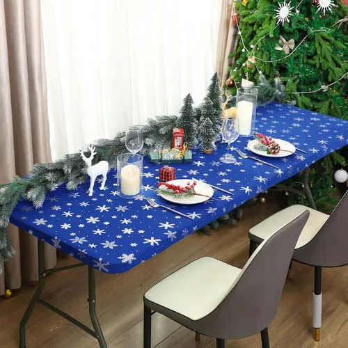Miniatura 4 de Mixweer 1 Pza Mantel de Copo de Nieve Borde Elástico Ajuste Ceñido Rectangular Cubierta de Mesa Plegable 6 Pies, 30 x 72'' Tela de Poliéster