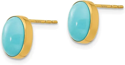 Miniatura 2 de Aretes de oro amarillo macizo de 14 k con bisel ovalado simulado turquesa (0.276 in x 0.315 in), Oro, Turquesa