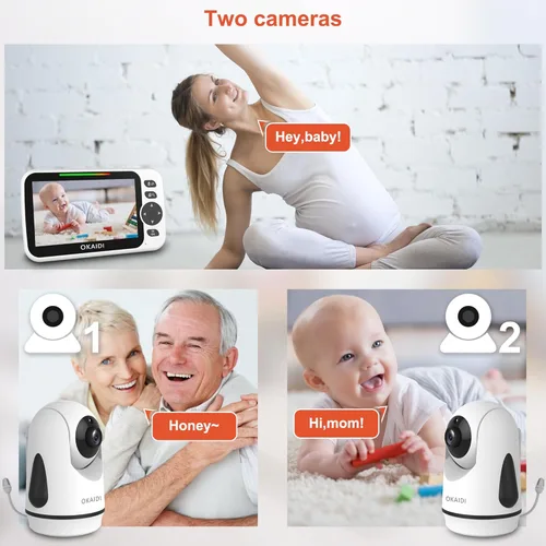 Miniatura 3 de OKAIDI - Monitor de bebé con video y 2 cámaras, pantalla de 5 pulgadas, monitor de bebé sin WiFi, batería de 30H y rango de 300 m, cámara de bebé